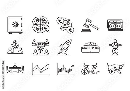Bank and finance icon set. Business and corporation vector signs. Contain symbol of safe, global market, auction, crowd funding, start up, meeting, stock, bull and bear.