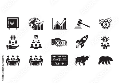 Bank and finance icon set. Business and corporation vector signs. Contain symbol of safe, global market, auction, crowd funding, start up, meeting, stock, bull and bear.