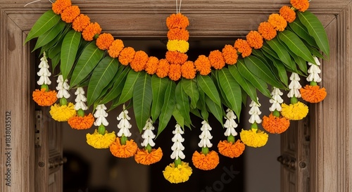 Floral garland with mango leaves on wooden door