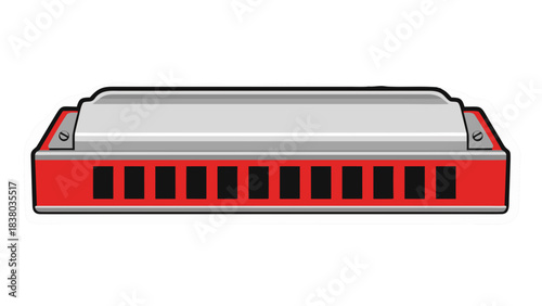 Front View of a Shiny Silver and Red Harmonica Musical Instrument on a Black Background