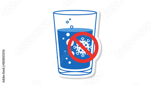 Glass of blue liquid with prohibition sign over virus icon symbolizing safe drinking water against contamination and illness prevention simple cartoon illustration