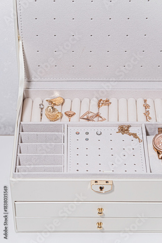 close up of cream jewelry box with organized gold rings and earrings
