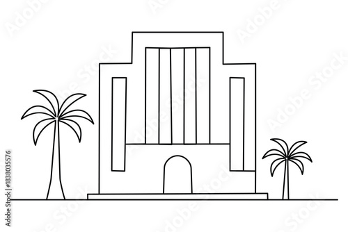 One line drawing of building with palm trees