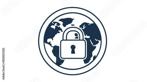 Global Network Security Lock Icon Over Earth Silhouette Digital Lock Protection Concept for Data Privacy and Cyber Safety Dark Blue Outline on Black Background