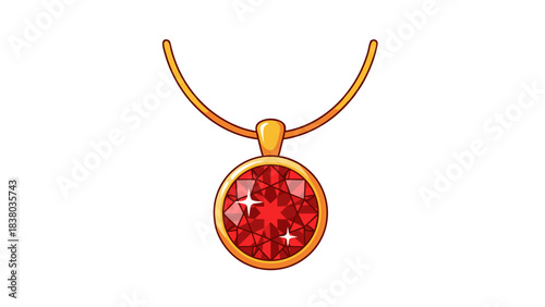 Golden Pendant Necklace With A Large Red Gemstone Sparkling With Light And Light Reflections On A Black Background
