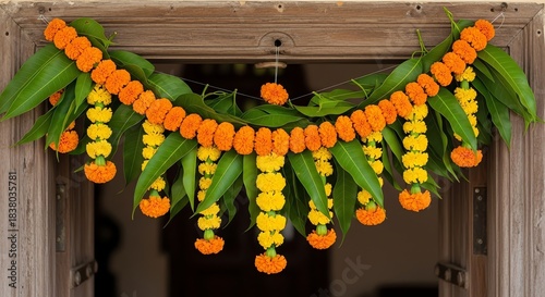 Floral garland with mango leaves on wooden door