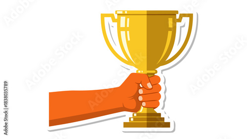Golden Trophy Held By Orange Hand With White Outline And Sticker Effect On Black Background
