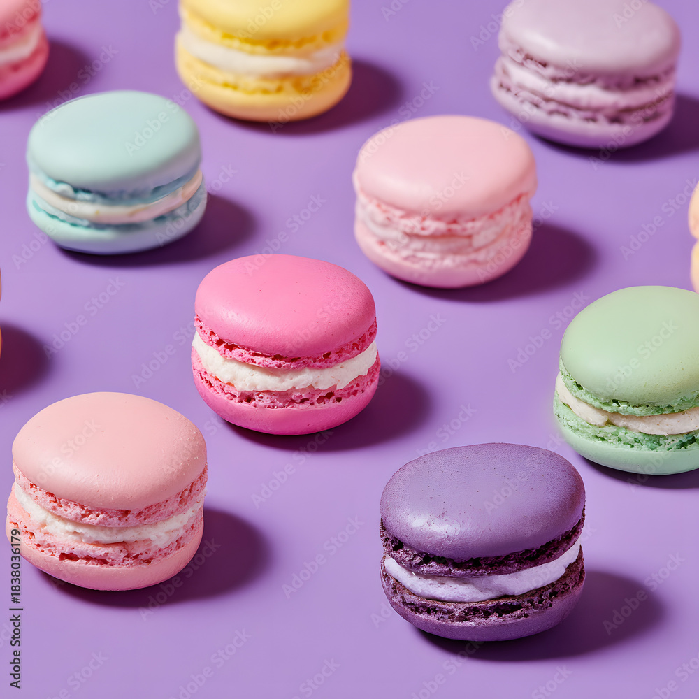 Fototapeta premium Scattered colorful macarons on pastel purple