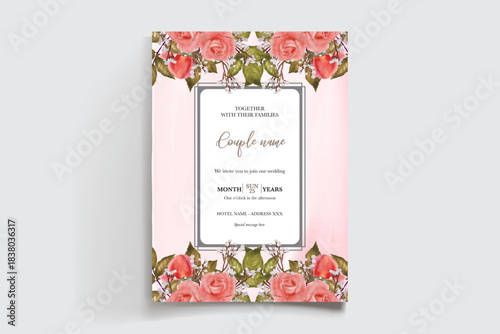 WEDDING INVITATION FRAME WITH FLOWER DECORATIONS AND FRESH LEAVES