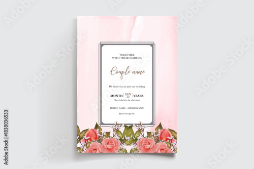 WEDDING INVITATION FRAME WITH FLOWER DECORATIONS AND FRESH LEAVES
