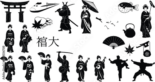 Japanese culture icons, traditional kimono, geisha art, samurai warrior, martial arts, tea ceremony, fan dance, torii gate, Japanese heritage, travel illustration