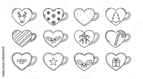 Collection of twelve heart shaped mugs with various festive christmas designs silhouette