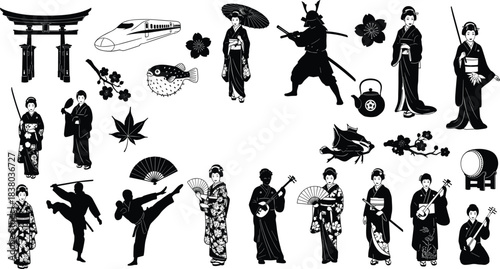 Japanese culture illustration, geisha in kimono, samurai warrior, martial arts, cherry blossom, tea ceremony, shamisen music, torii gate, bullet train, tradition