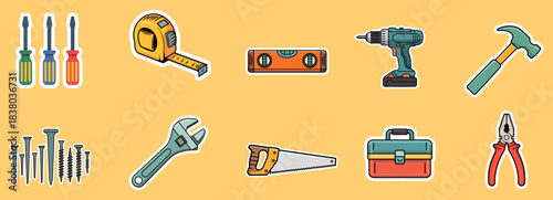 hardware tool sticker collection with construction and workshop equipment, vector illustration icon set for diy and repair