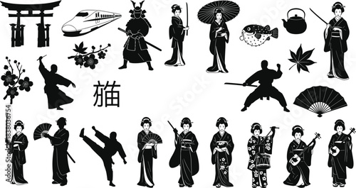 PrintJapanese culture silhouette, geisha, samurai, martial arts, tea ceremony, kimono, torii gate, cherry blossoms, traditional symbols, heritage, art, Japan illustration