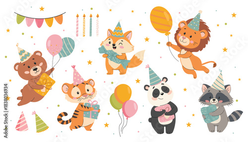 Happy Birthday Animal Concept Vector Set. A collection of charming wildlife, including a bear, panda, fox, tiger, lion, and raccoon. Birthday character illustration for greeting cards, babies, educati