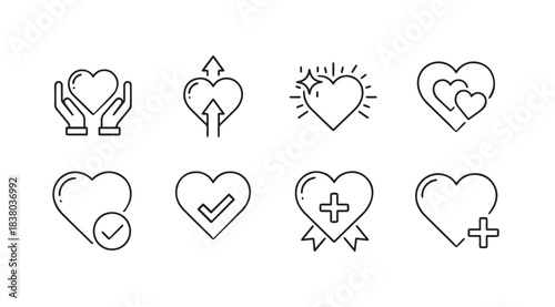 Collection of heart icons in a sketchy silhouette style representing love and care