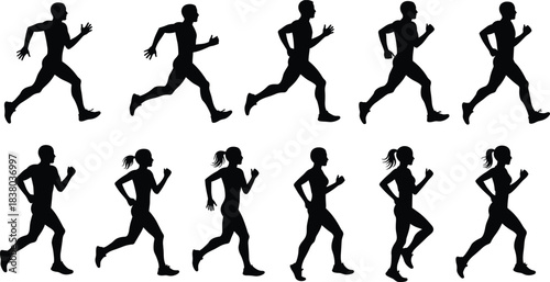 Jogging running silhouettes collection, male female fitness workout vector, marathon training artwork, healthy exercise lifestyle design, sports athlete motion illustration
