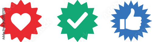 Check mark, favorite and like badge icon set in bold for rating and feedback use.