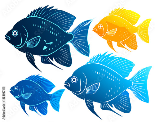 A set of four vibrant and stylized Tilapia fish silhouettes rendered in vector format. The collection features various sizes and striking color variations, including deep blue, light blue, and bright 