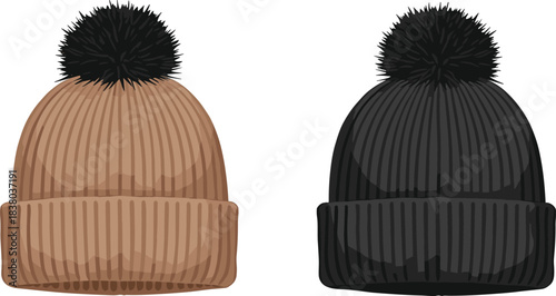 Knitted beanies, winter hats, pom-pom caps, cozy accessories, ribbed texture, folded brim, black and brown, warm headwear, seasonal style