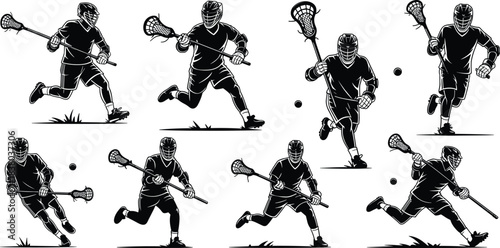Lacrosse silhouette, dynamic players, stick handling, ball motion, sport action, vector art, black background, athletic pose, outdoor game, agility