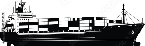 Large container ship silhouette, black and white cargo vessel vector illustration, maritime logistics transportation, international shipping trade industry concept, side view