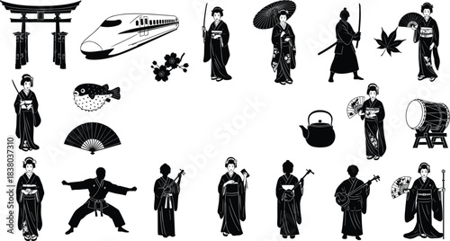 Japanese culture icons, geisha silhouettes, samurai warrior, kimono women, tea ceremony, fan dance, shamisen music, torii gate, bullet train, Japan tradition