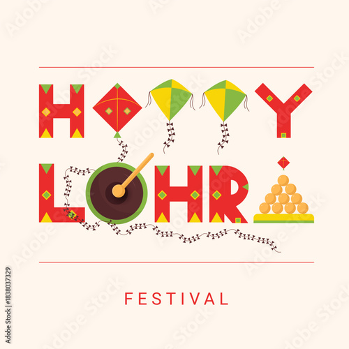 Happy Lohri social media post design with creative typography text and dhol vector illustration.
