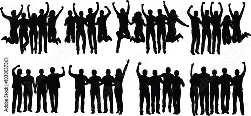 Large group of black silhouettes, happy people jumping, cheering, standing together, celebrating success, victory, and friendship, isolated on white.