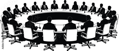 Large group of business people silhouettes sitting at round conference table, corporate team meeting vector illustration isolated on white.