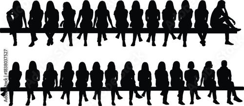 Large group of people silhouettes sitting on bench, women and men waiting in line, vector illustration isolated.