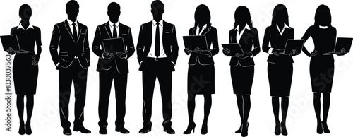 Large group of professional business people silhouettes, men and women standing with laptops, corporate team vector illustration, formal office attire