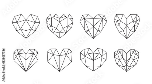 Collection of eight geometric abstract heart shapes in a minimalist line art silhouette