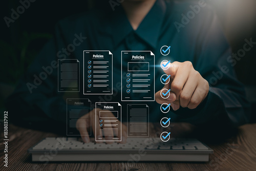 Εκτύπωση καμβά Policy compliance concept, hand pointing checklist icons with digital documents, organizational rule verification, governance process, accuracy assurance, workflow clarity, corporate responsibility