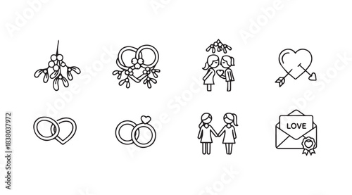 Collection of wedding and love icons in a distinctive silhouette style