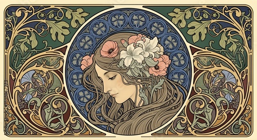 Art Nouveau Woman with Flowers and Ornate Floral Border.