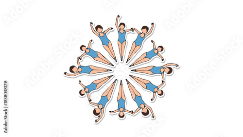 Group Of Synchronized Swimmers Forming A Circle Pattern Underwater In Blue Swimsuits With Arms Raised On A Black Background