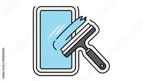 Handheld Squeegee Cleaning A Window Pane With Blue Sky Reflection In A Simple Line Art Style With White Outline On Black Background