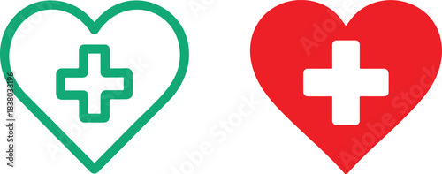 Heart shape with cross inside icons in bold style for medical care and health design.