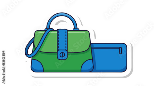 Green And Blue Pixelated Satchel Bag With Matching Pouch Vector Art With White Border Isolated On White Background Flat Design Simple Graphic Illustration