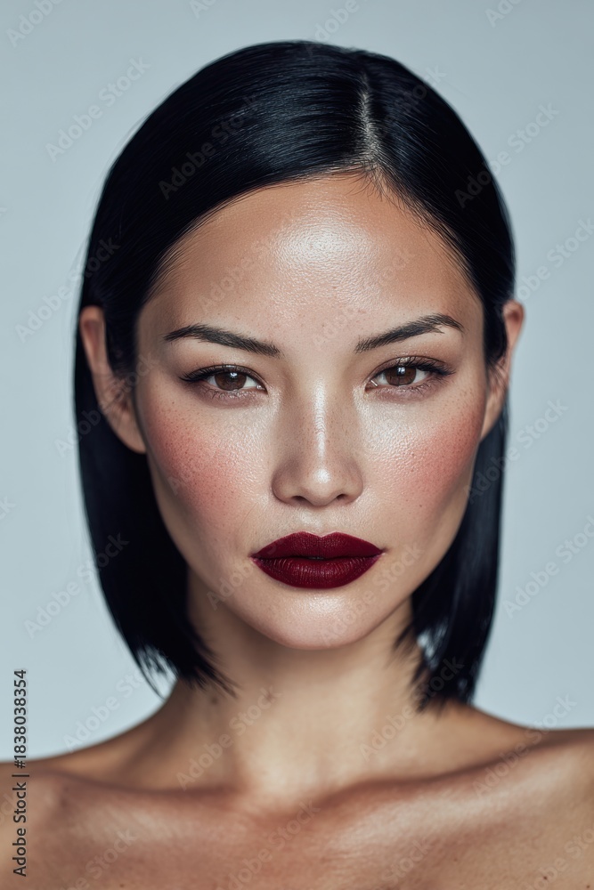Fototapeta premium Powerful close-up portrait of a woman with sleek black hair, flawless skin, and bold dark red lipstick. Concept of confidence, luxury beauty, and modern elegance.