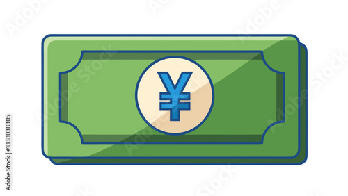 Green Japanese Yen Banknote With Blue Currency Symbol Centered in Circle on Beige Background With Soft Shadows