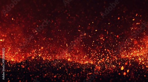 Abstract fiery hot red orange glowing particles in dynamic motion.