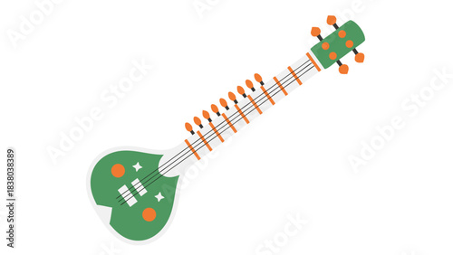 Green Sitar Musical Instrument with Orange Accents on a Black Background Isolated