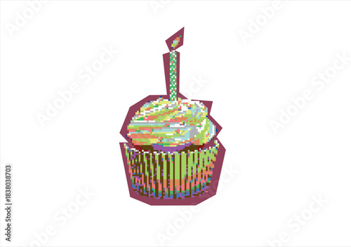 Vibrant Pixel Art Birthday Cupcake with Candle. 8 bit. Game development, mobile app. Isolated vector illustration.