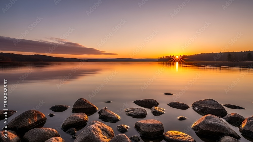 Obraz premium Serene lakeside sunrise with reflective water and foreground rocks landscape