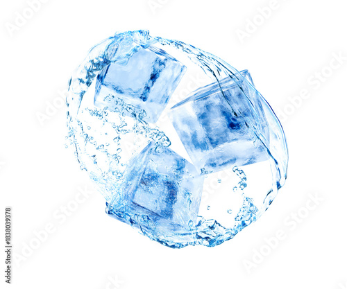 Ice cubes and splash of water in air on white background
