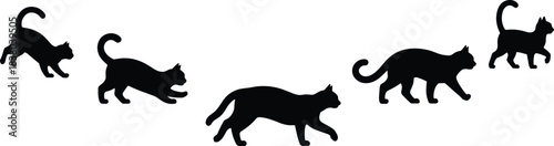 Cat silhouette vector, walking and running poses, black feline clipart, motion design elements, pet illustration, cad drawing flat vector illustration