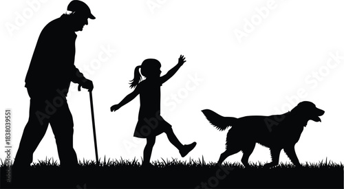Silhouette of a man with a cane, a young girl, and a dog walking across a grassy field on a clean white background